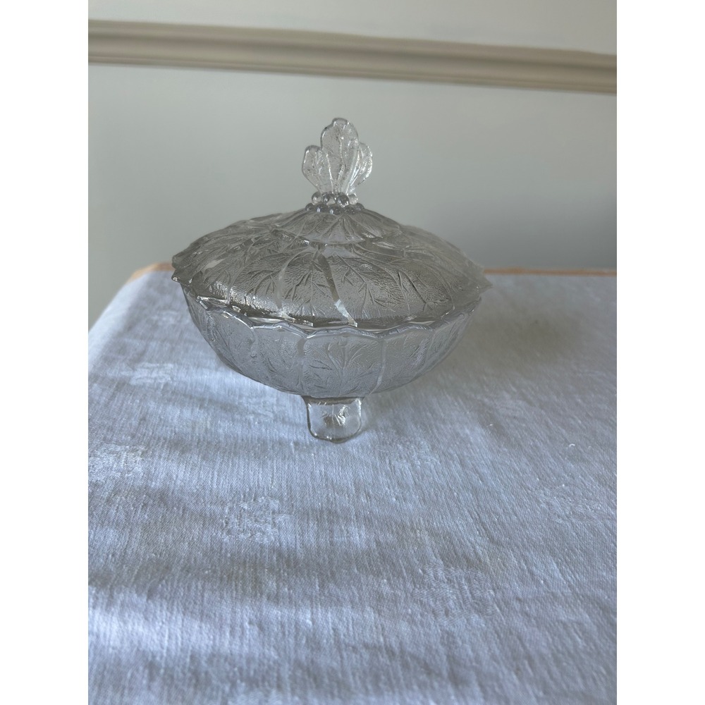 Indiana Glass Clear Leaf Pattern Lidded Candy Dish Three Footed Bowl Vintage